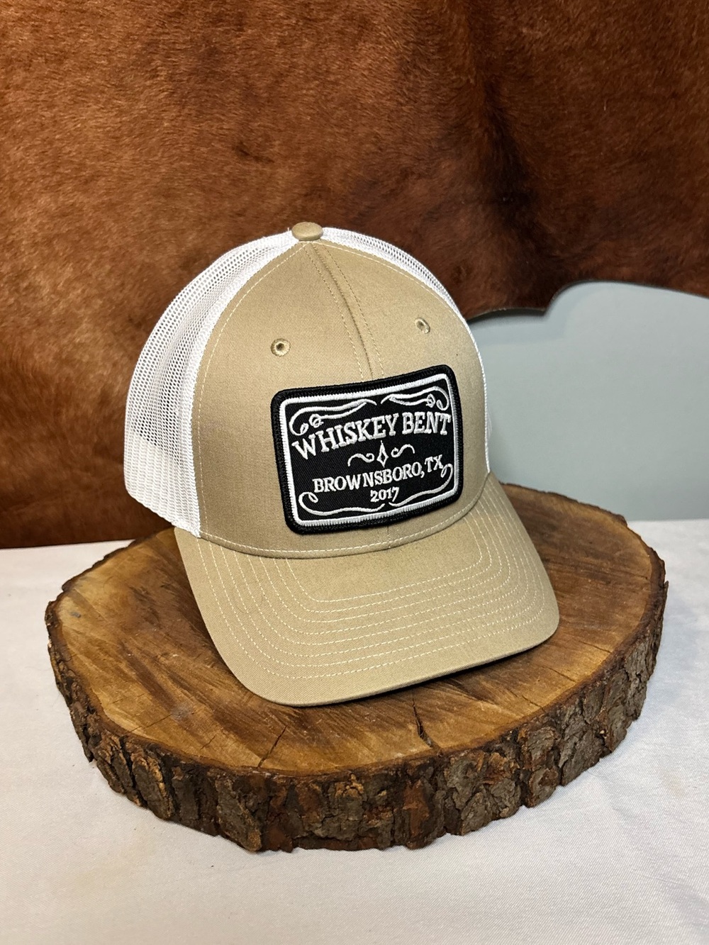 🥃 Whiskey Bent Richardson Trucker Hat | Brownsboro, TX | Tan & White Snapback